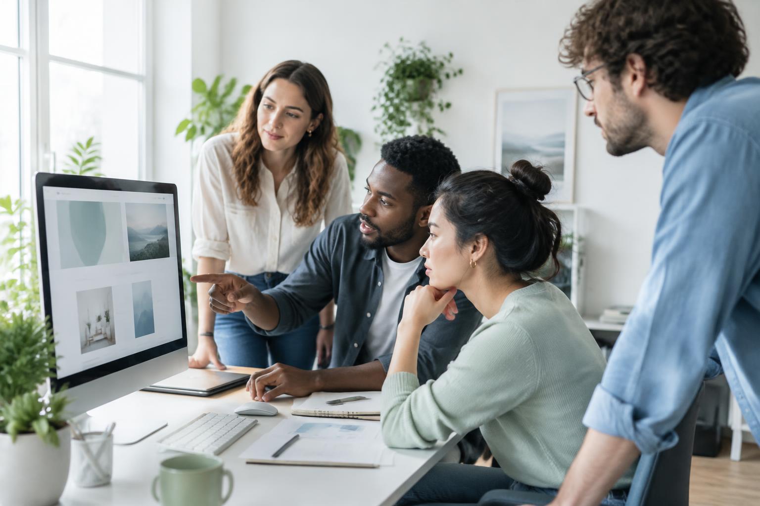 Creative team reviewing a website design together